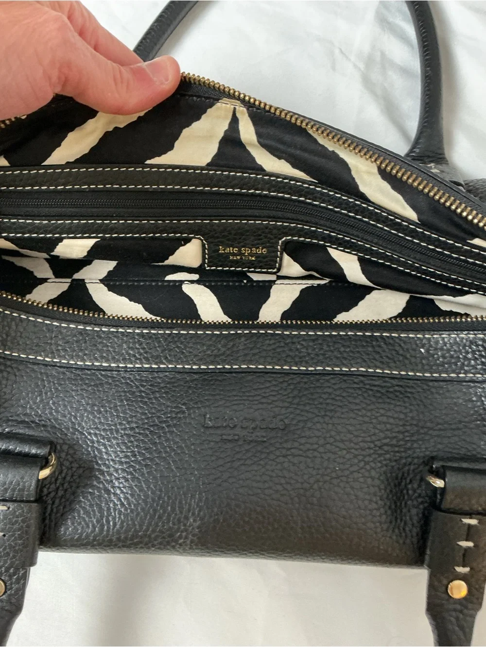 Vintage Kate Spade Black Pebbled Leather Satchel Zebra Lining Contrast Stitch